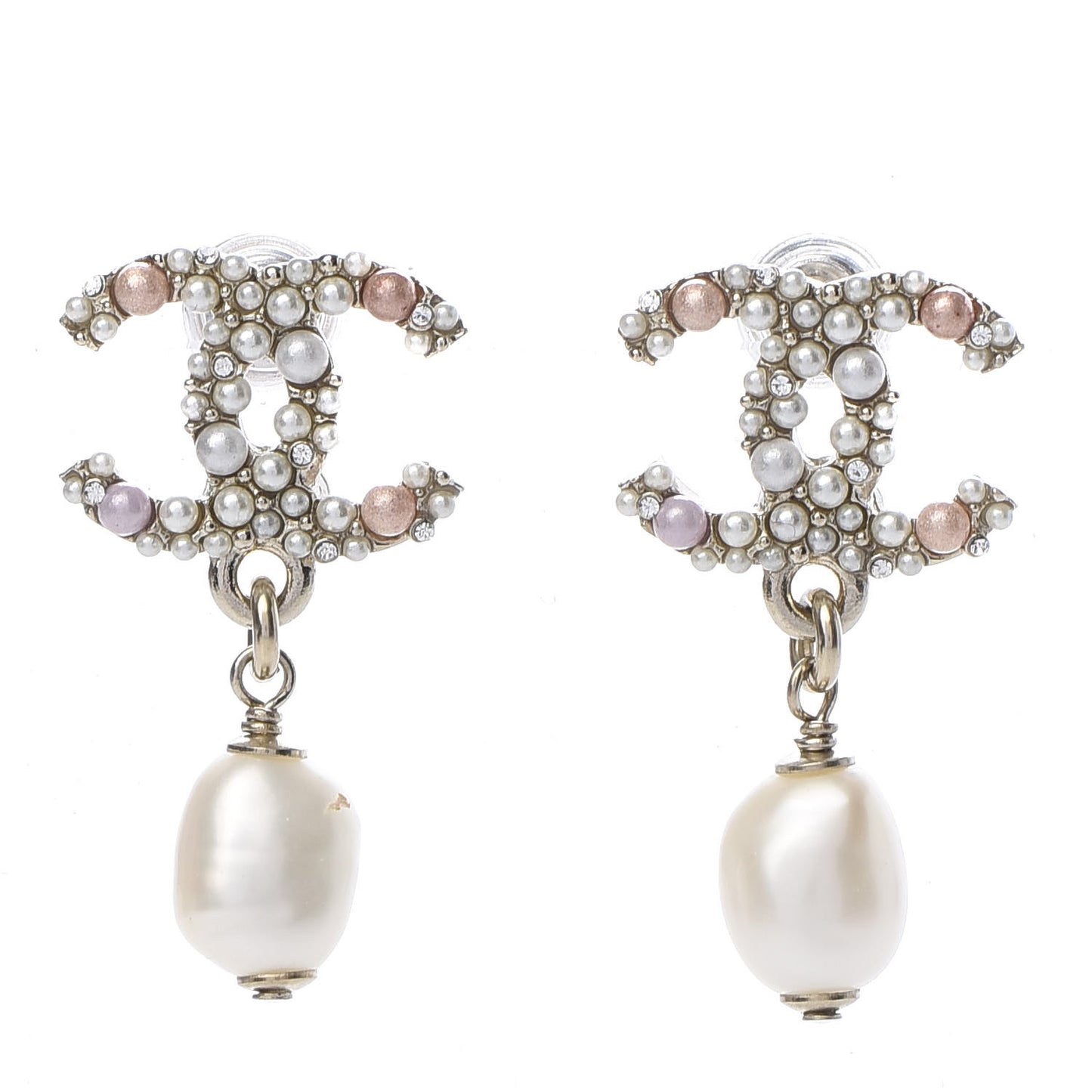 Pearl Crystal CC Charm Drop Earrings Light Gold Pink