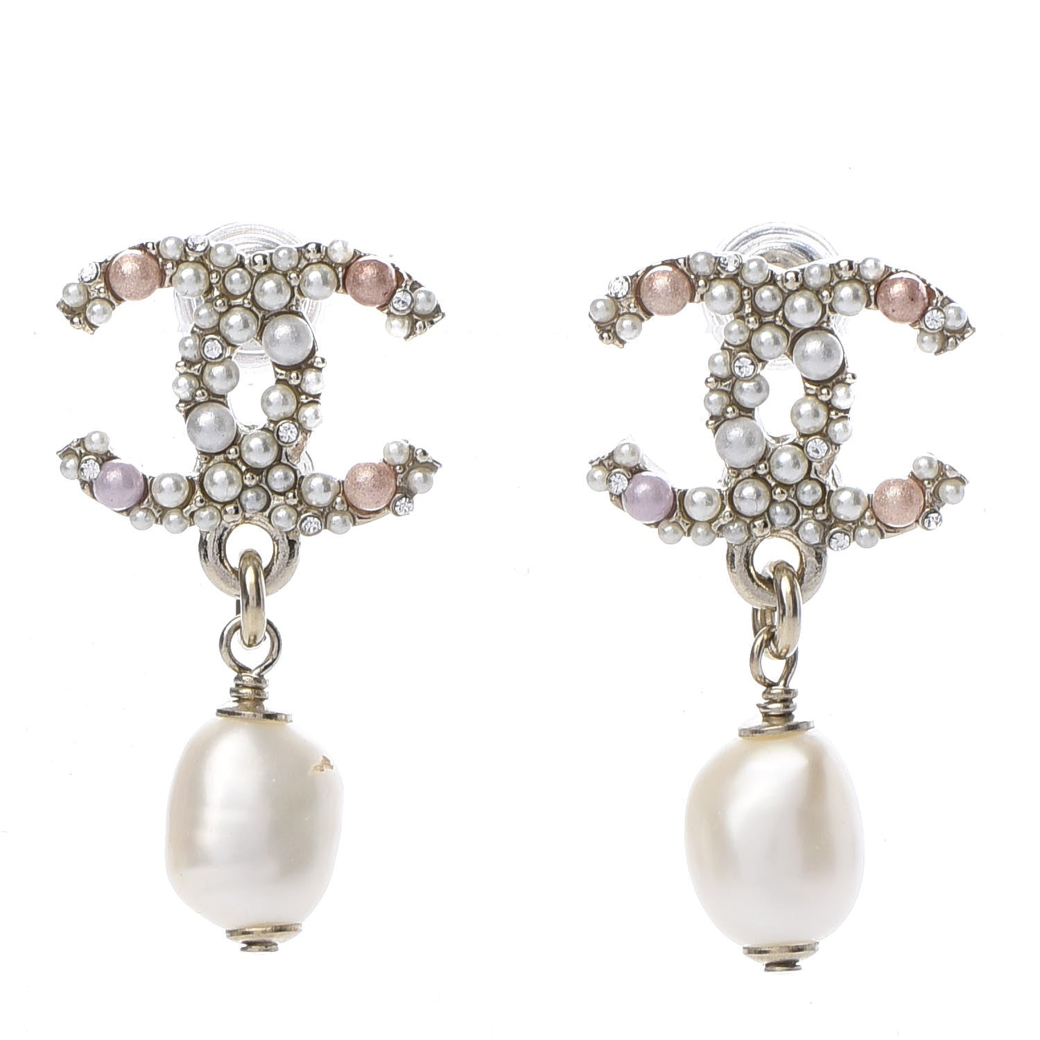 Chanel Pearl Crystal CC Charm Drop Earrings Light Gold Pink 1 of 5