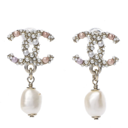 Chanel Pearl Crystal CC Charm Drop Earrings Light Gold Pink 1 of 5