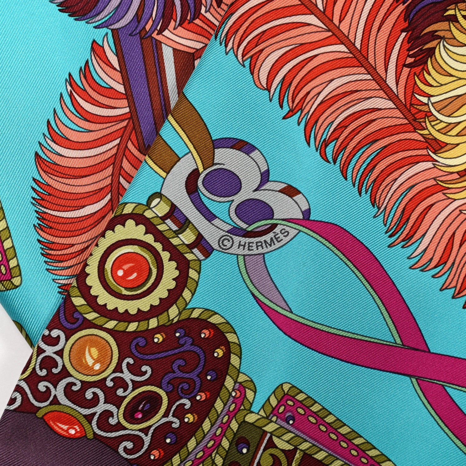 Hermes Silk Sous L Egide De Mars Scarf 90 Turquoise Prune Corail 4 of 5