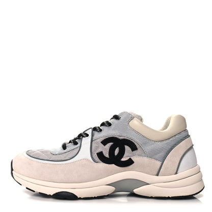 Chanel Mesh Suede Calfskin Grained Calfskin Mens CC Sneakers 45 Gray White 1 of 8