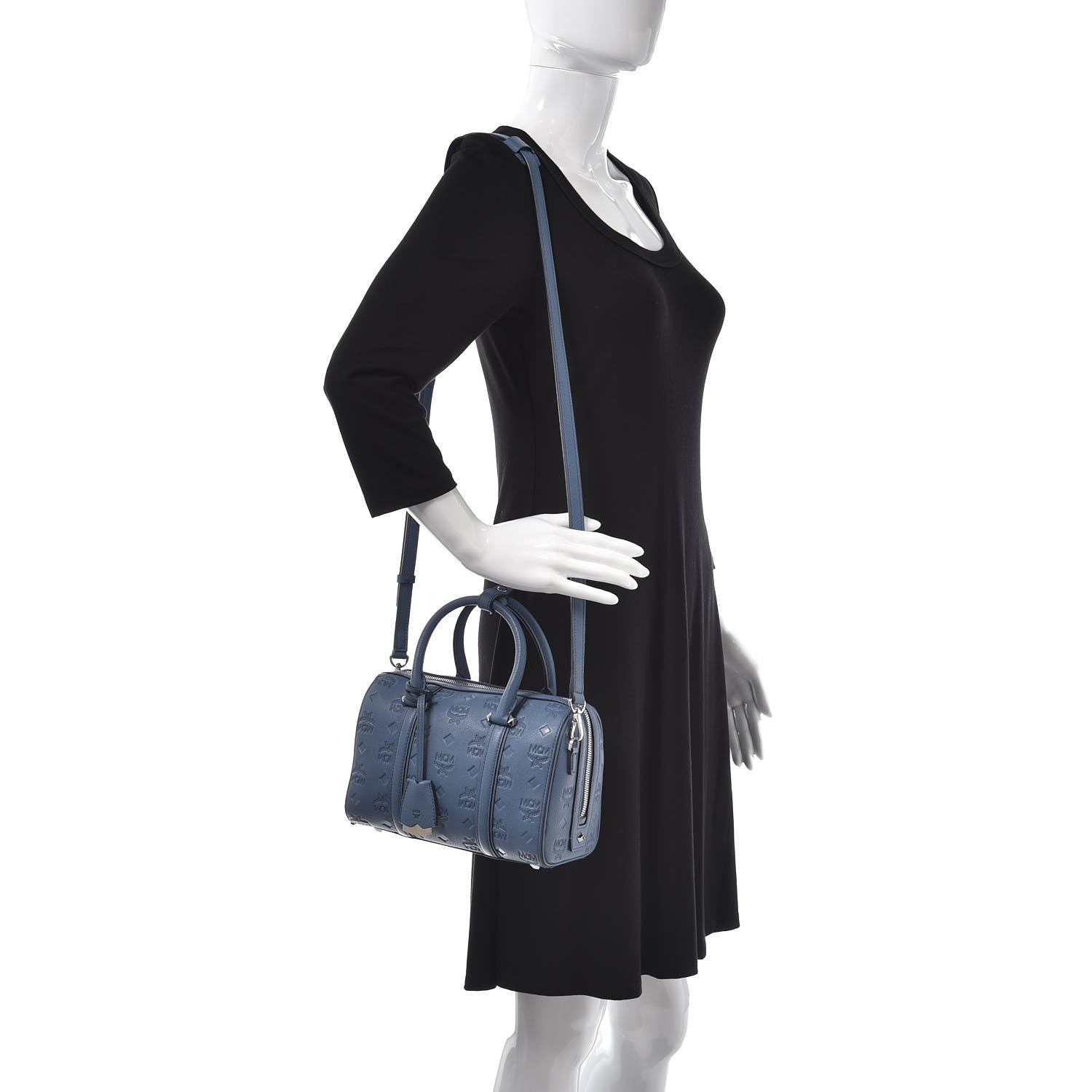 MCM Calfskin Ottomar Monogram Small Boston Bag Blue 2 of 17