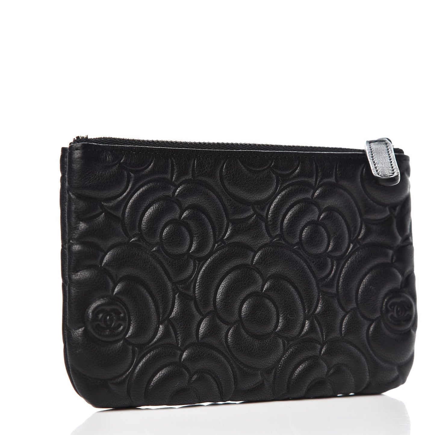 Goatskin Camellia Embossed Cosmetic Pouch Black