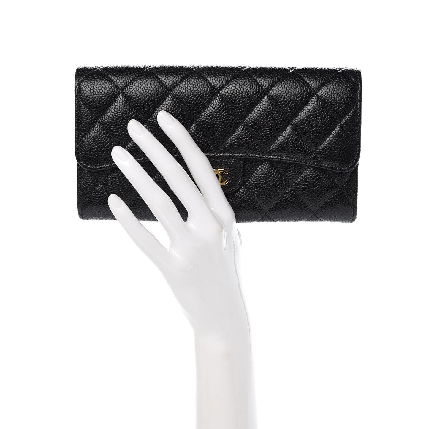 Caviar Quilted Large Gusset Flap Wallet Black