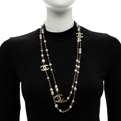 Chanel Pearl Crystal Resin CC Beaded Long Necklace Gold Pearly Gold Multicolor 2 of 4