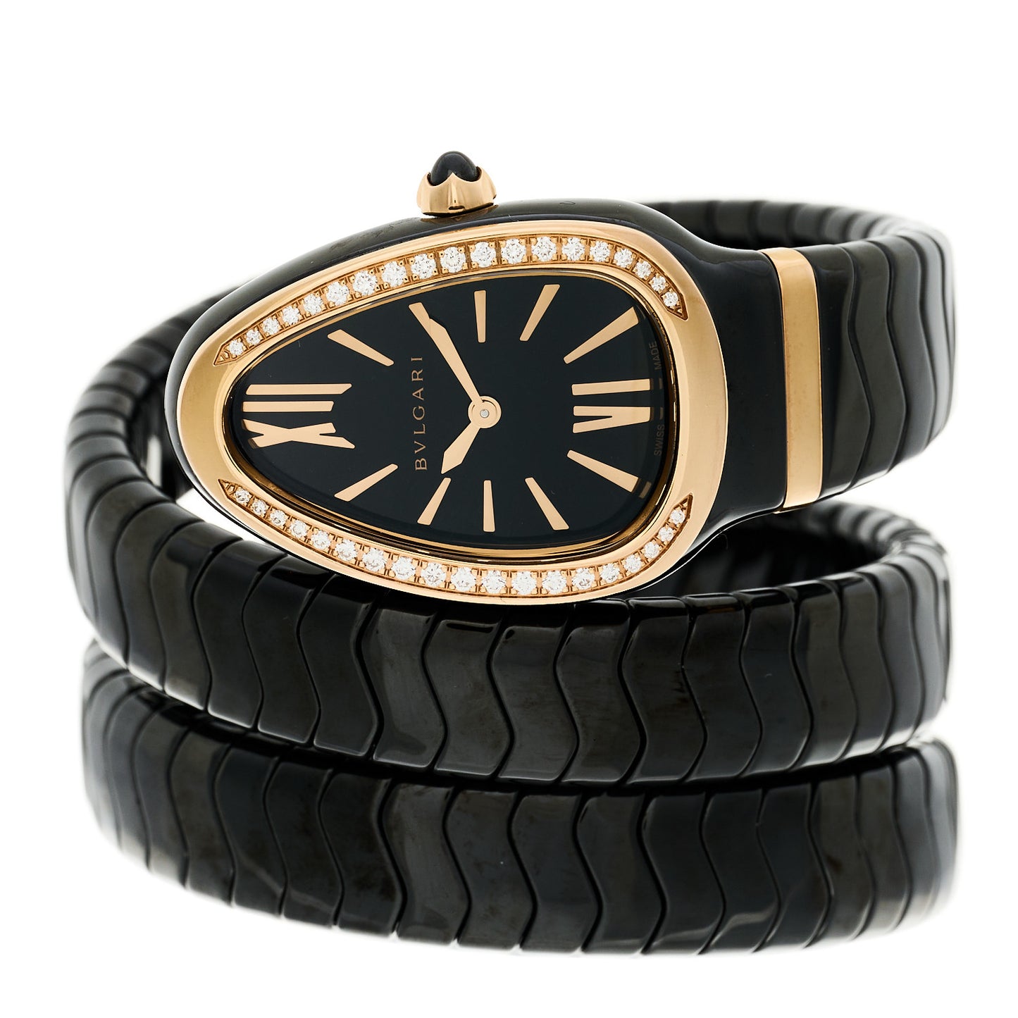 18K Rose Gold Ceramic Diamond Bezel 35mm Serpenti Tubogas Double Spiral Quartz Watch Black
