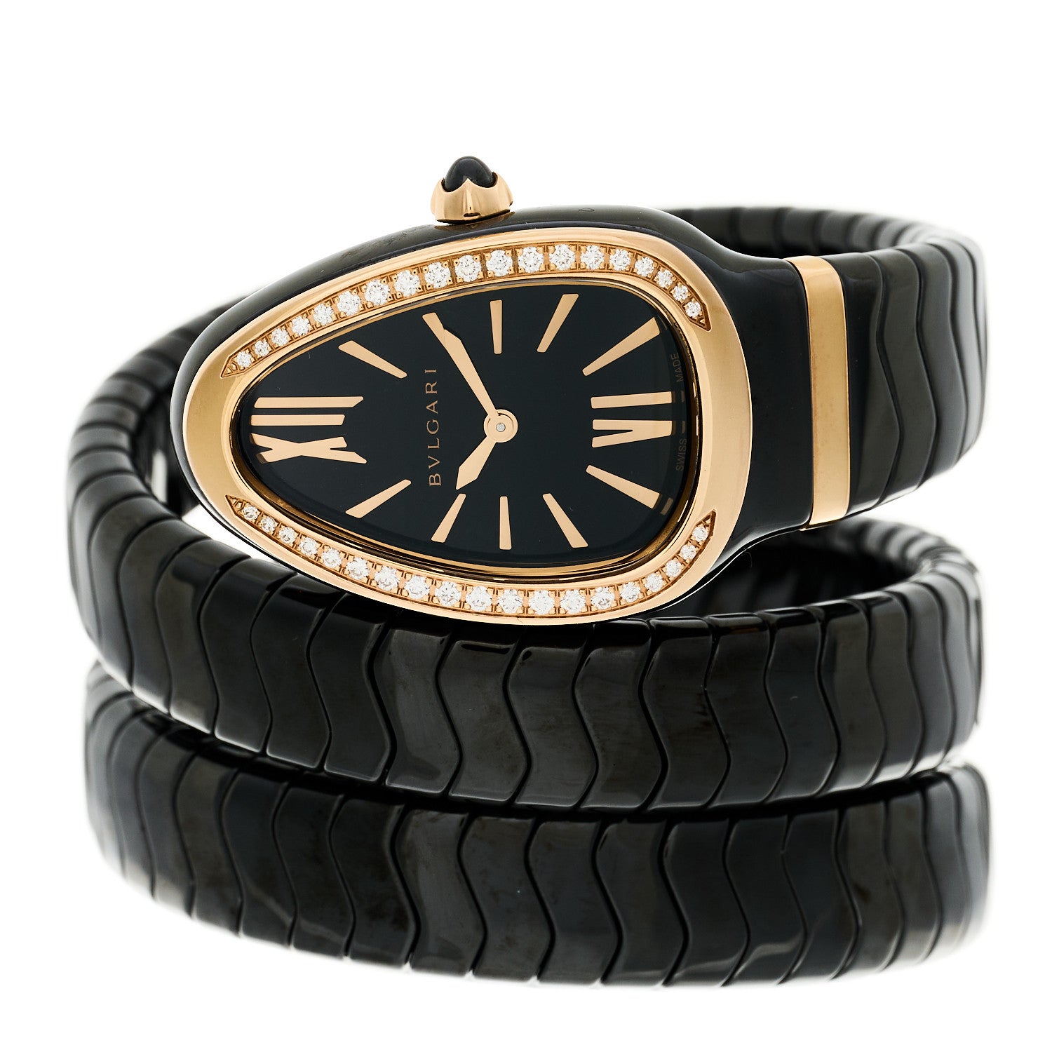 Bulgari 18K Rose Gold Ceramic Diamond Bezel 35mm Serpenti Tubogas Double Spiral Quartz Watch Black 2 of 5
