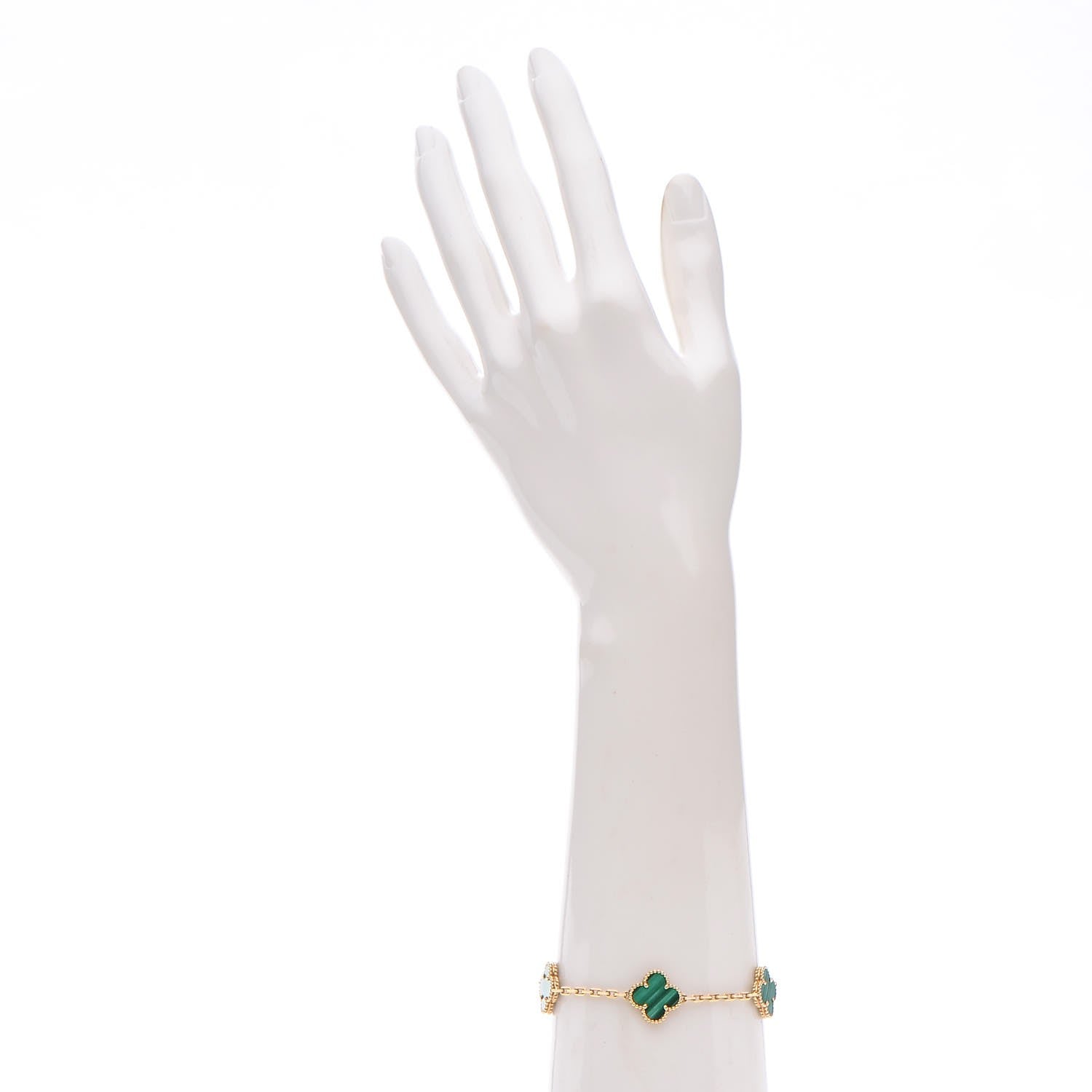 Van Cleef & Arpels 18K Yellow Gold Malachite 5 Motifs Vintage Alhambra Bracelet 2 of 5