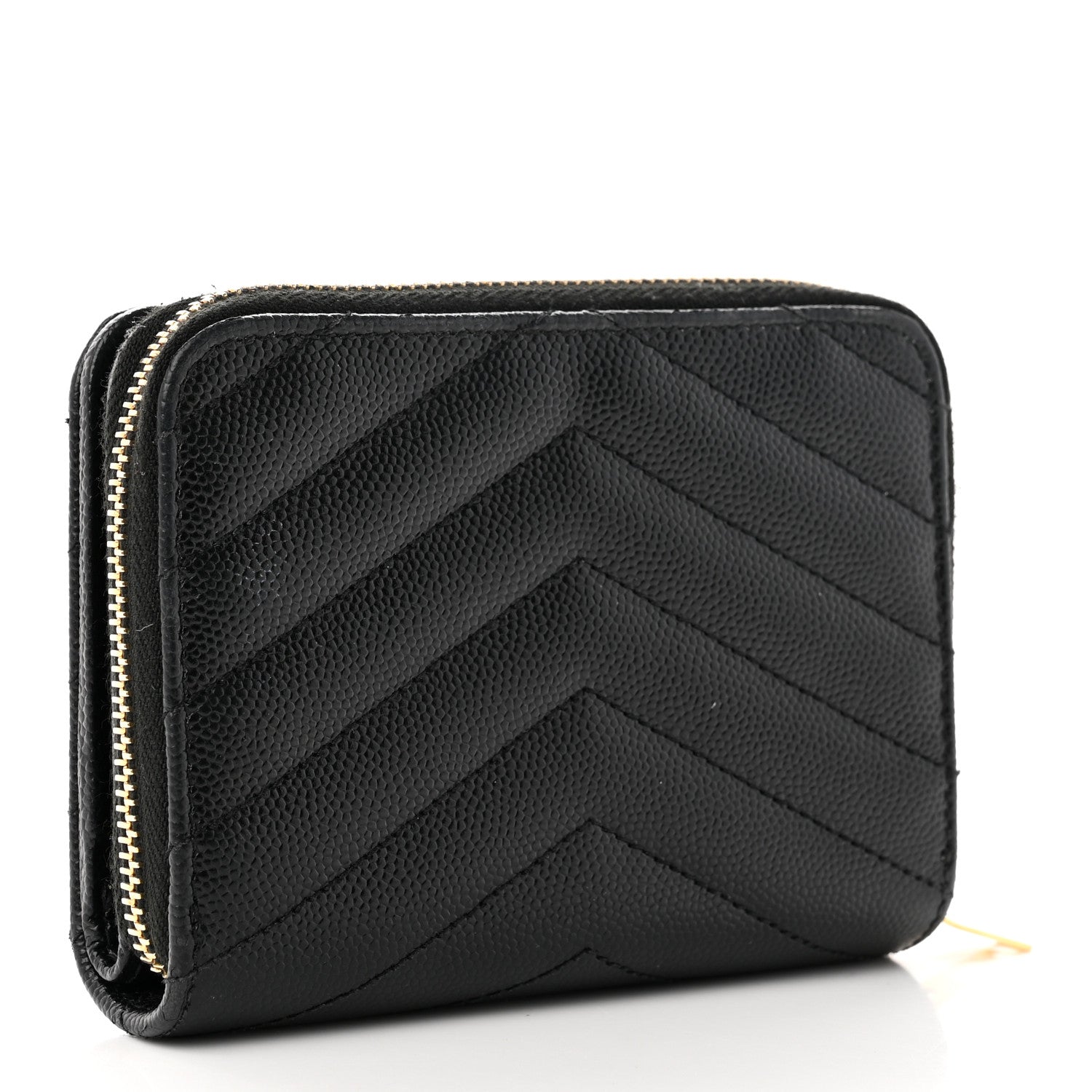 Saint Laurent Grain De Poudre Matelasse Chevron Monogram Compact Zip Around Wallet Black 3 of 8
