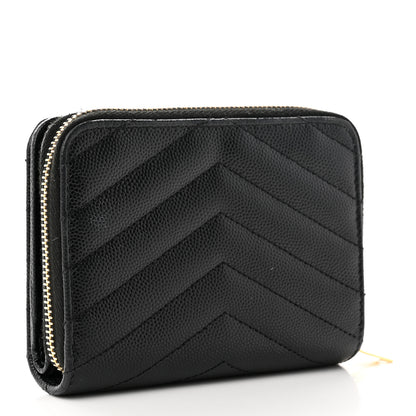 Saint Laurent Grain De Poudre Matelasse Chevron Monogram Compact Zip Around Wallet Black 3 of 8