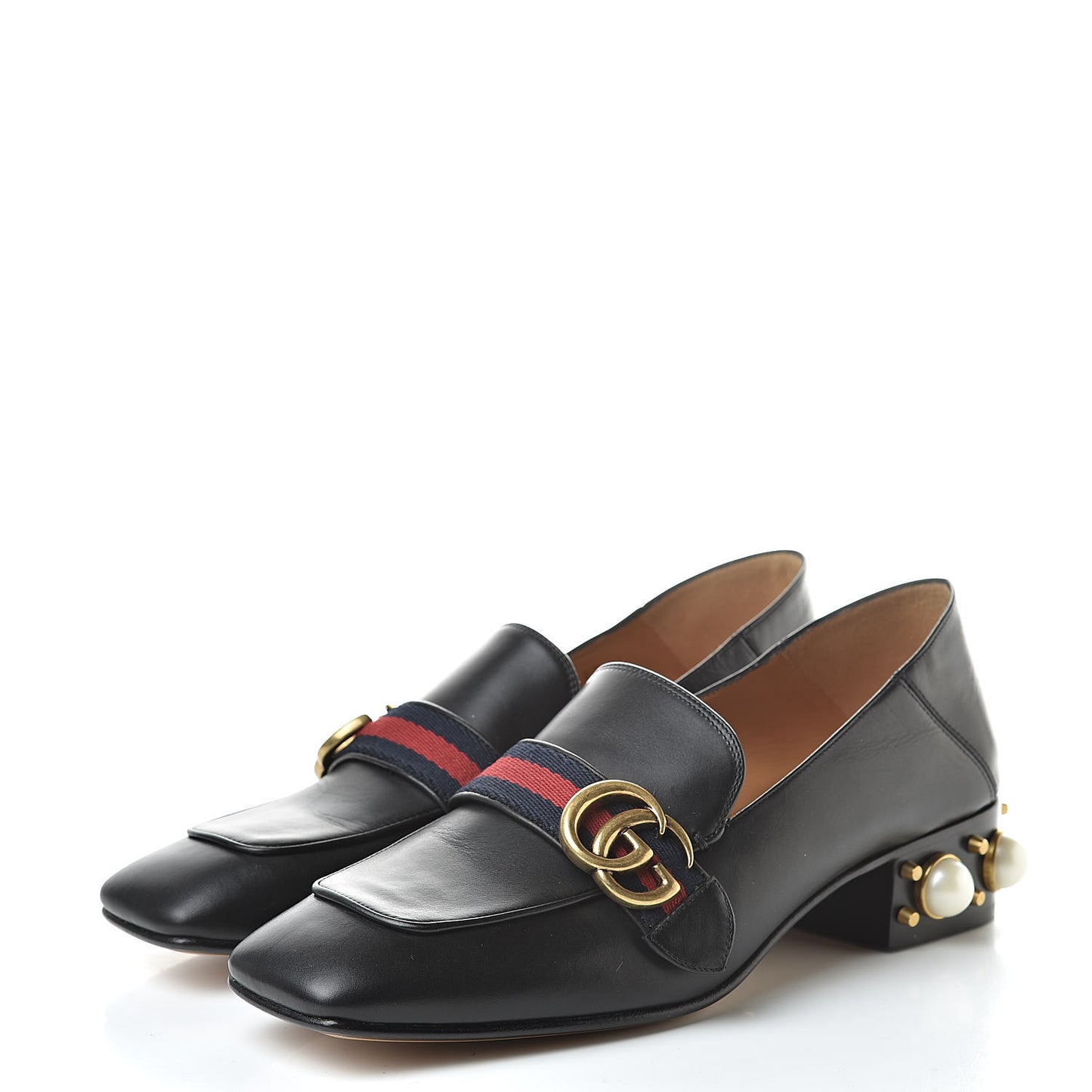 Betis Glamour Calfskin Web Pearl Embellished Peyton 35mm Loafer Pumps 39 Black
