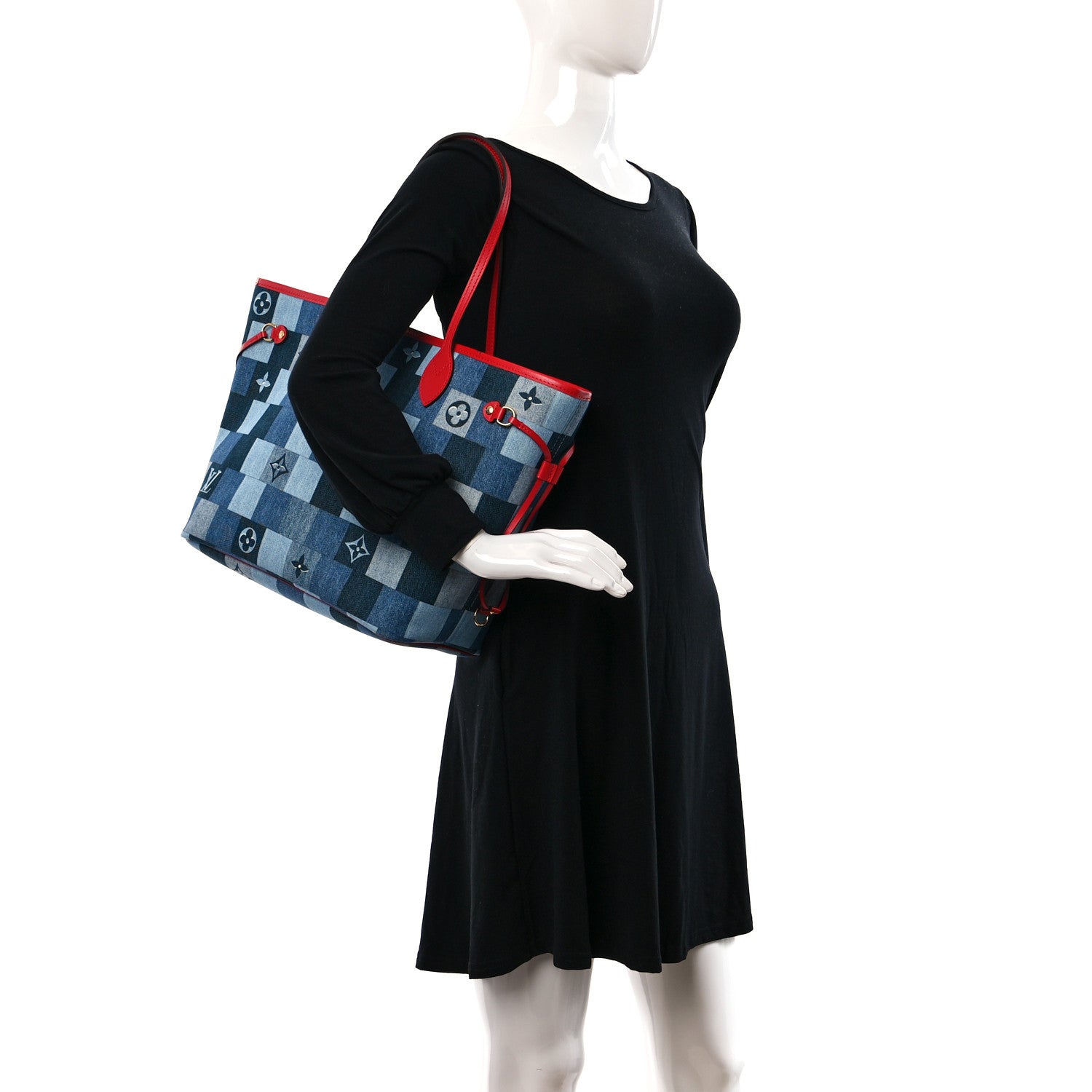 Louis Vuitton Denim Damier Monogram Patchwork Neverfull Blue Rouge 2 of 10
