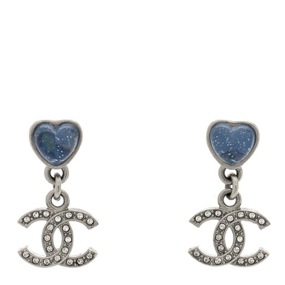Chanel Crystal Resin CC Heart Drop Earrings Silver Blue 1 of 5