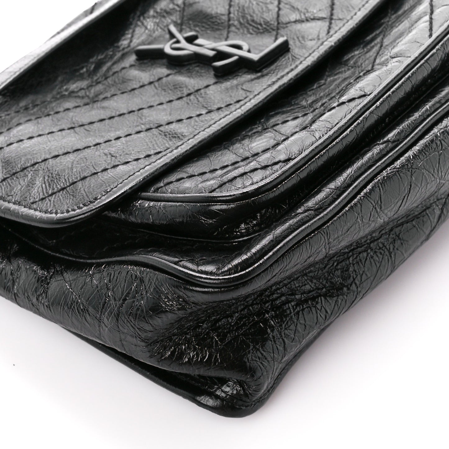 Crinkled Calfskin Matelasse Monogram Medium Niki Chain Satchel Black