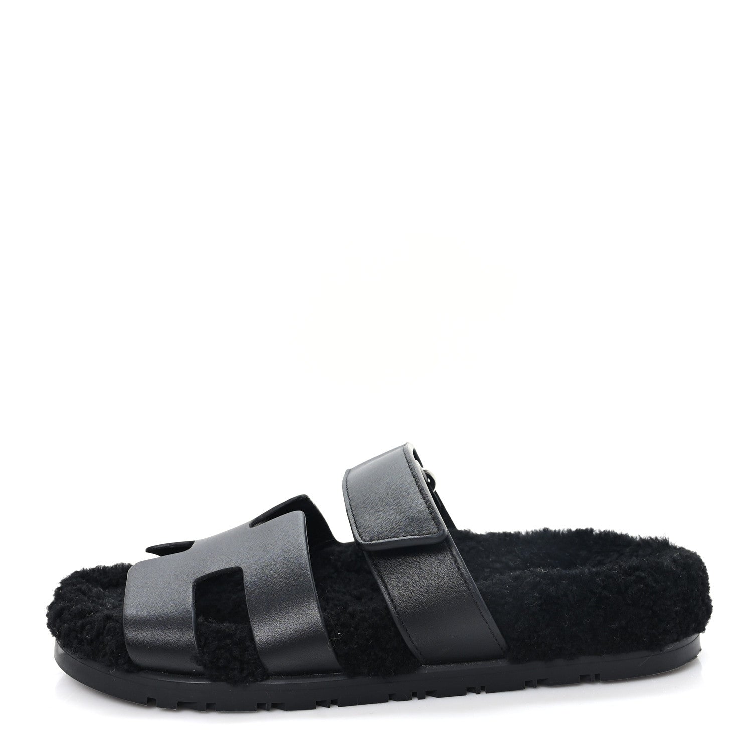 Hermes Calfskin Woolskin Womens Chypre Sandals 38 Black 1 of 10