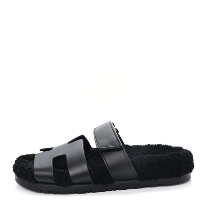Hermes Calfskin Woolskin Womens Chypre Sandals 38 Black 1 of 10