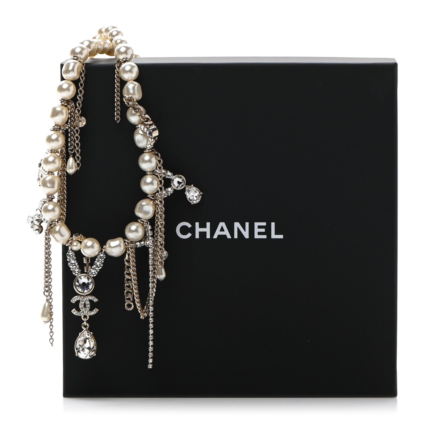 Pearl Crystal CC Dangle Short Necklace Gold