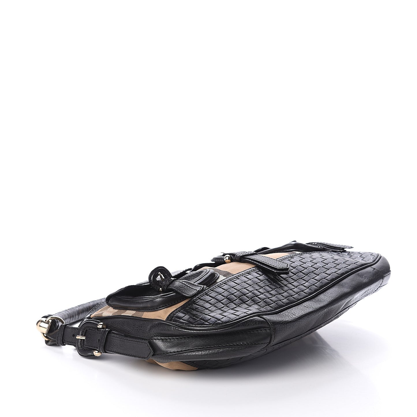 House Check Woven Calfskin Pocket Hobo Black