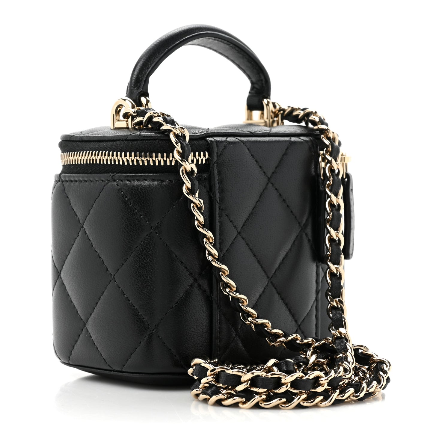 Lambskin Quilted Top Handle Mini Vanity Case With Chain Black