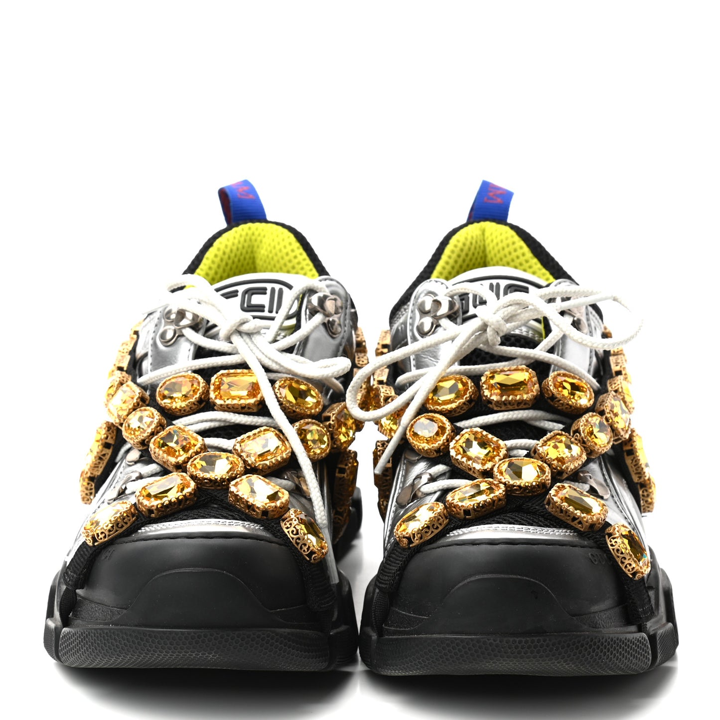 X SEGA Metallic Calfskin Mesh Removable Crystals Womens Flashtrek Sneakers 38 Silver Black