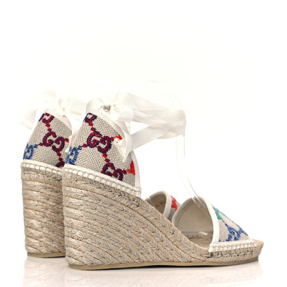 Gucci Linen Psychedelic Mini GG Monogram Ankle Wrap Platform Espadrille Wedge Sandals 40.5 Multicolor Mystic White 4 of 8