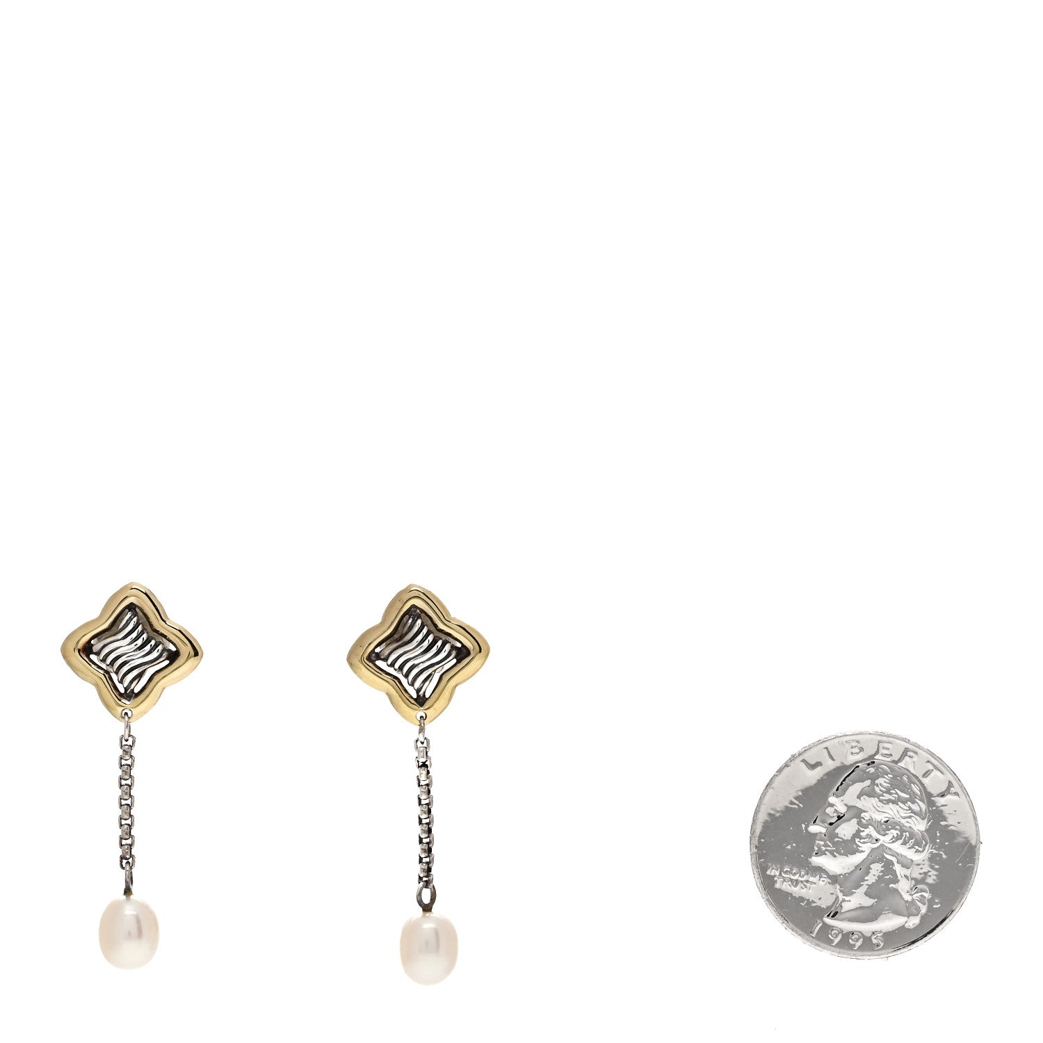 David Yurman Sterling Silver 18K Yellow Gold Pearl Quatrefoil Drop Earrings 2 of 4