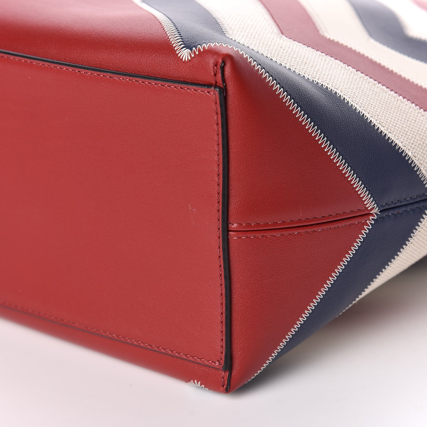 Calfskin Canvas Chevron Inlay Rockstud Shoulder Tote Red White Blue