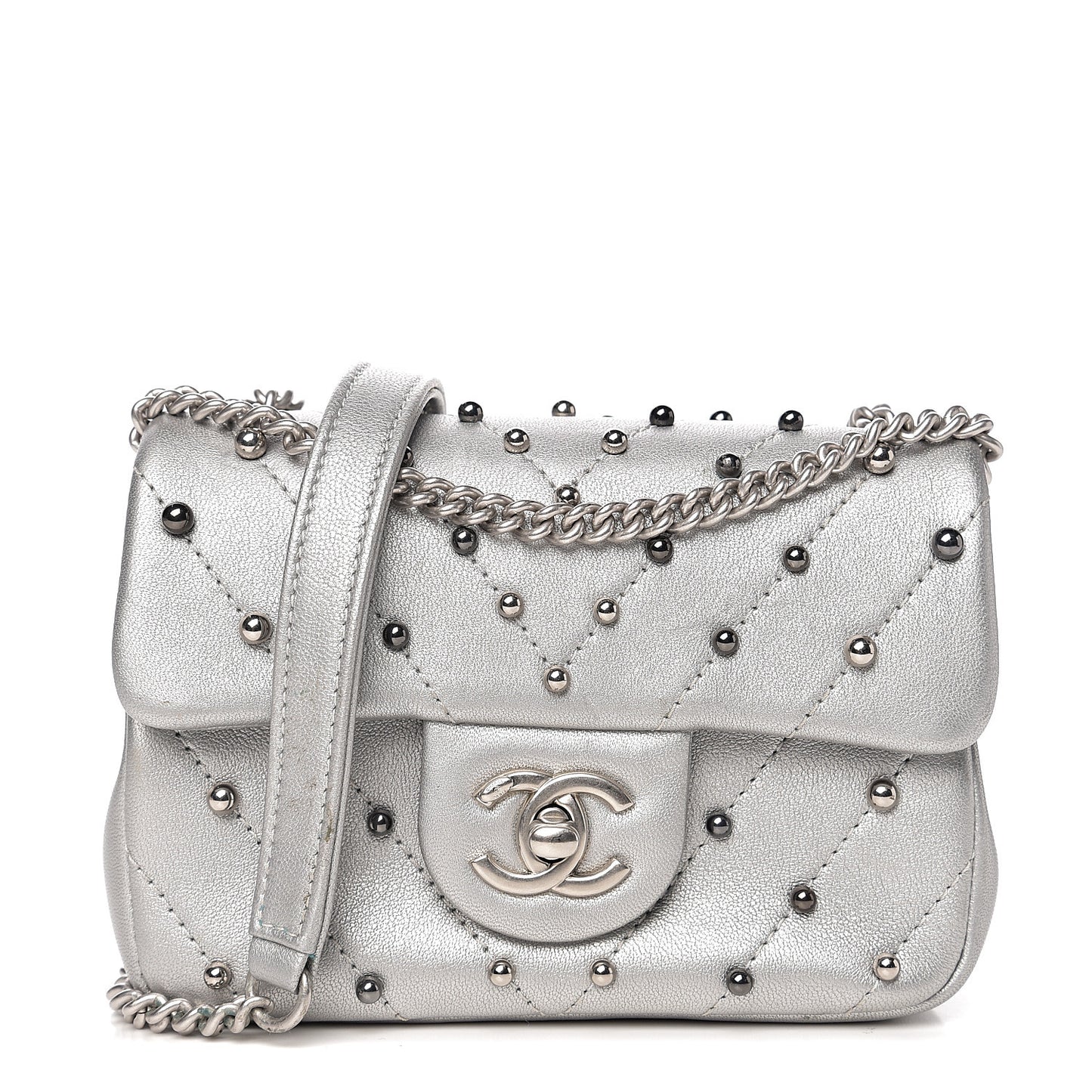 Metallic Lambskin Chevron Quilted Studded Mini Flap Silver