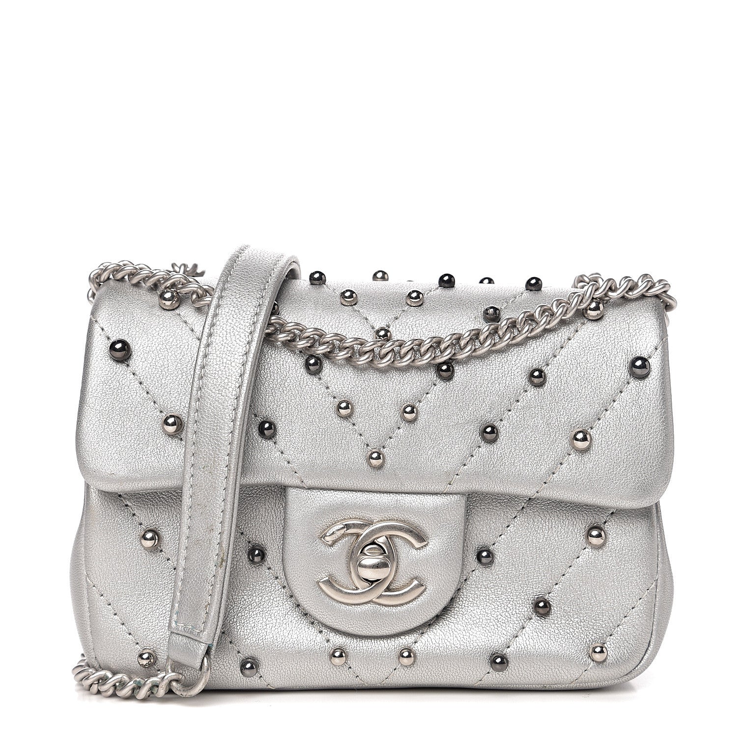Chanel Metallic Lambskin Chevron Quilted Studded Mini Flap Silver 1 of 10