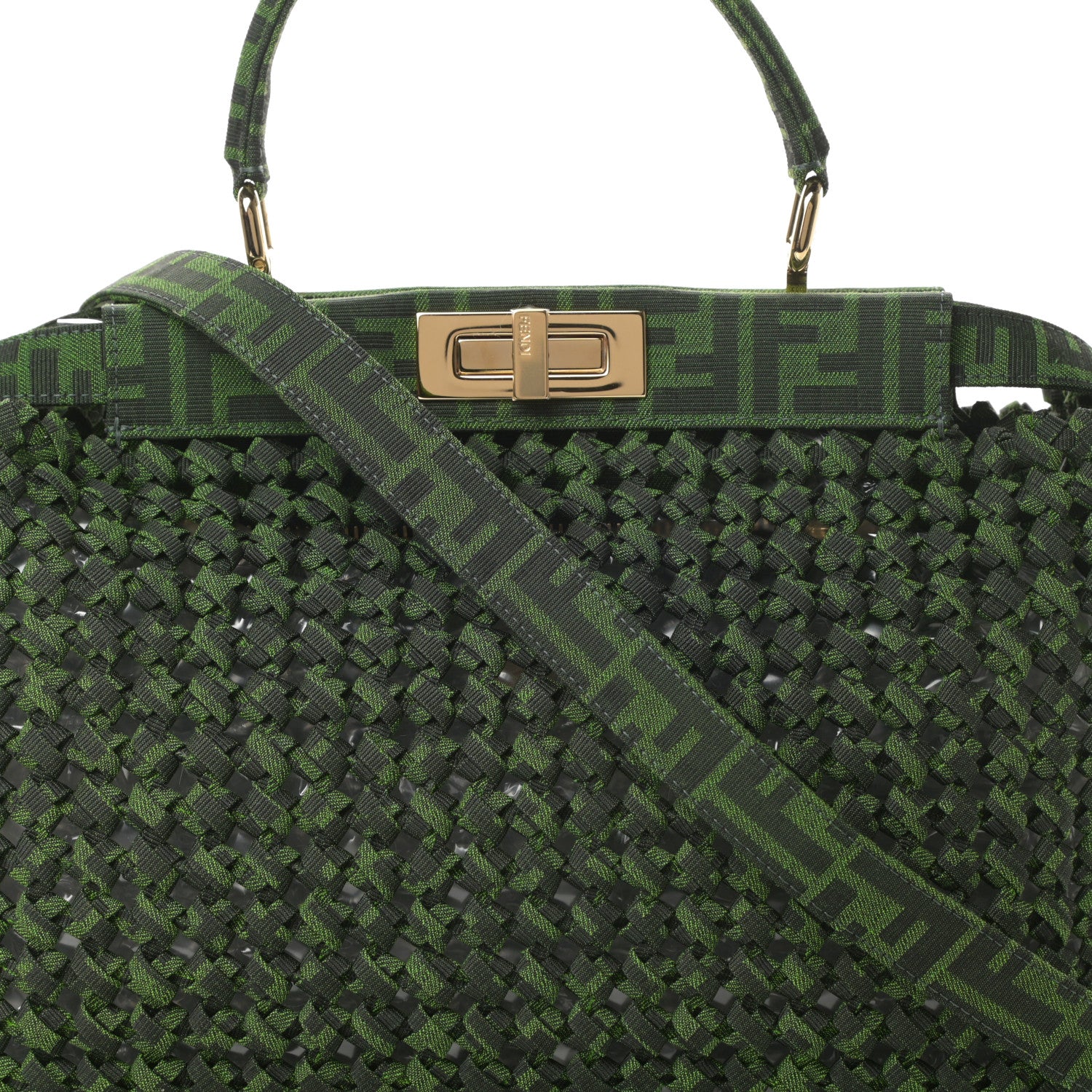 Fendi Fabric Jacquard FF 1974 Woven Knotted Medium Peekaboo Iconic Satchel Verde Black 9 of 11