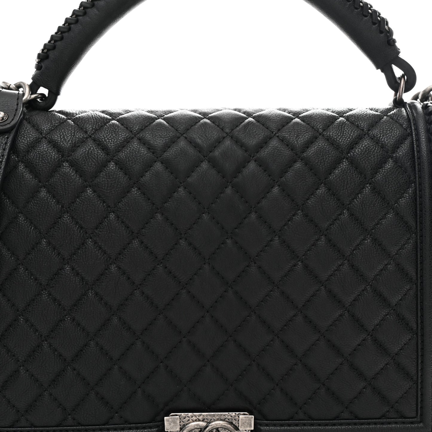 Calfskin Quilted Large Boy Top Handle Flap Black