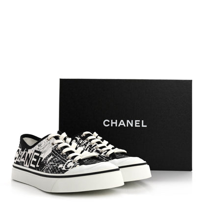 Chanel Printed Fabric Low Top Logo Sneakers 38.5 White Black 10 of 10