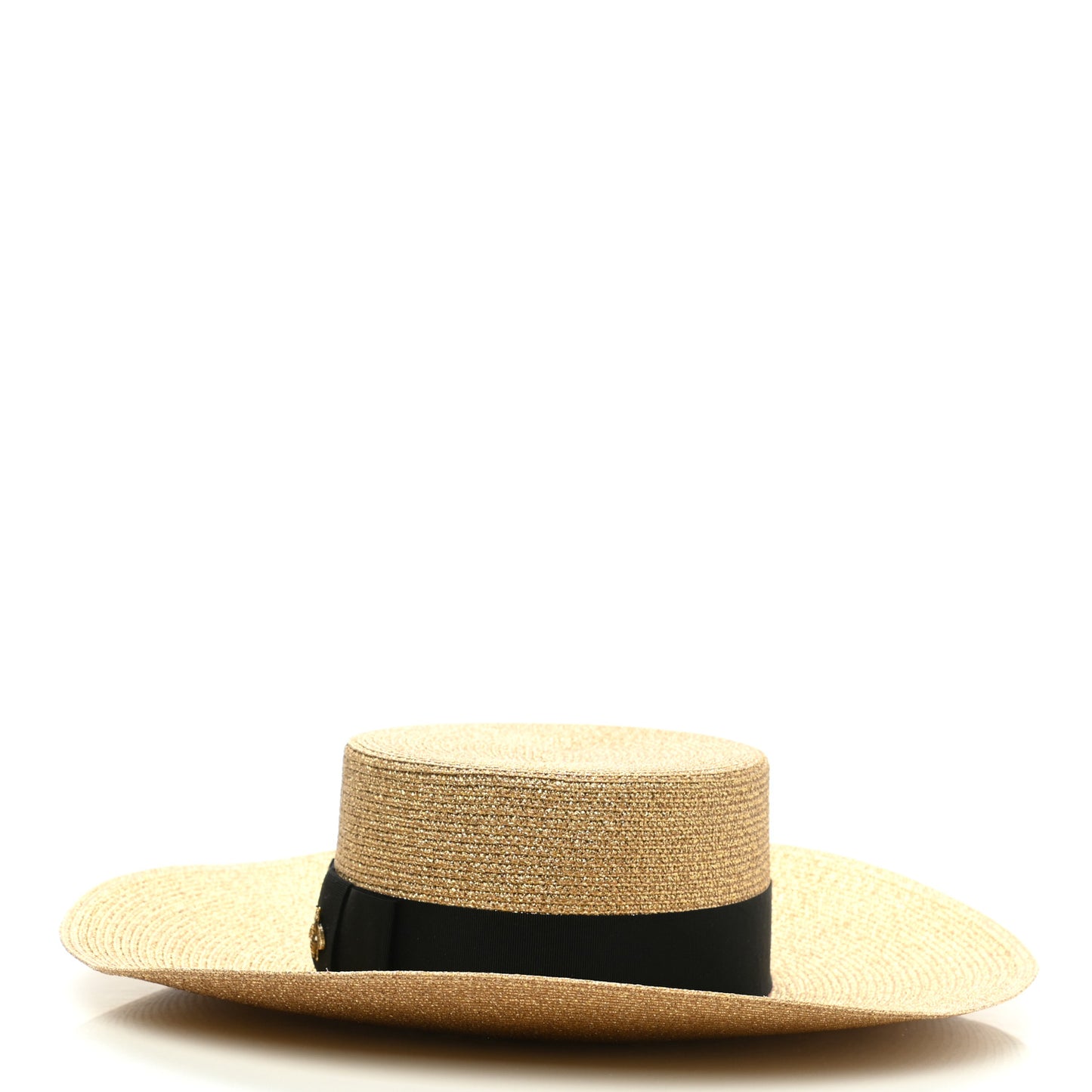 Glittered Straw Grosgrain Wide Brim Hat XL Gold Black