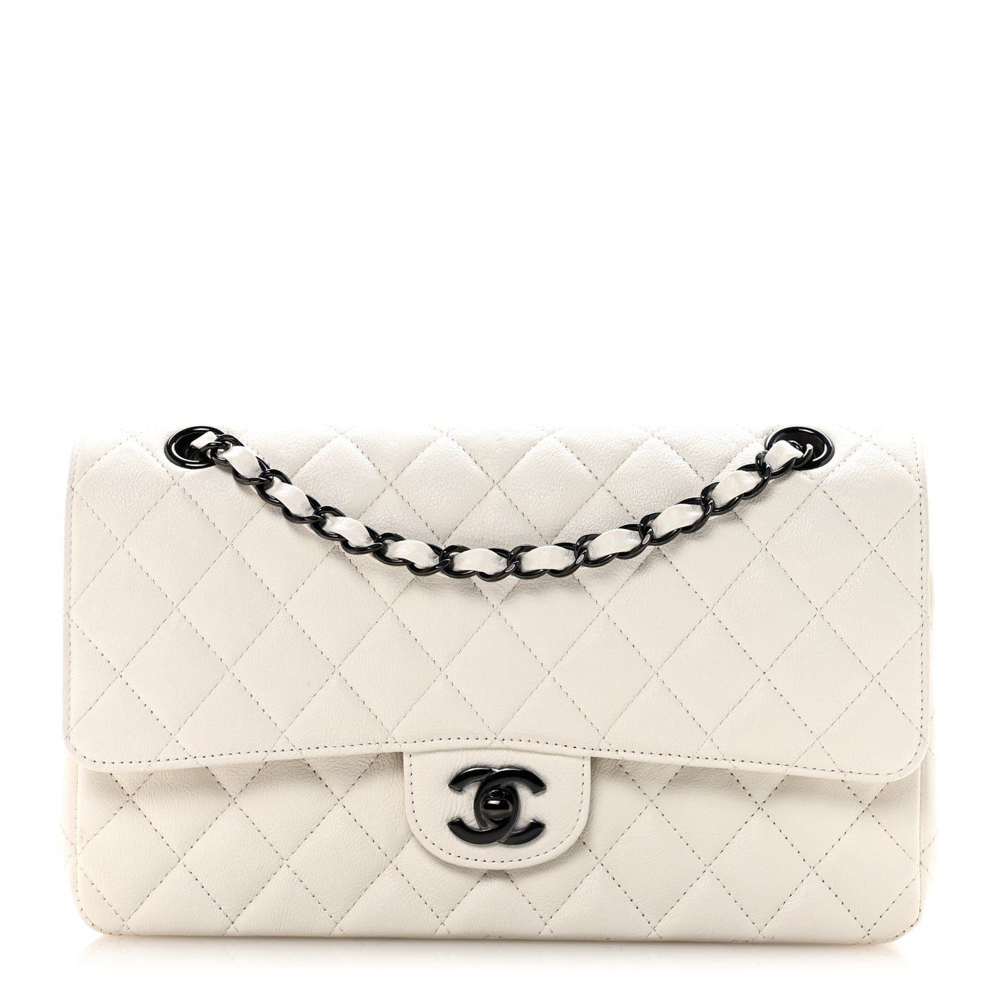 Crumpled Calfskin Quilted Medium Double Flap White