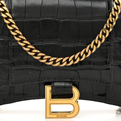 Balenciaga Shiny Calfskin Crocodile Embossed Hourglass Chain Bag Black 7 of 11