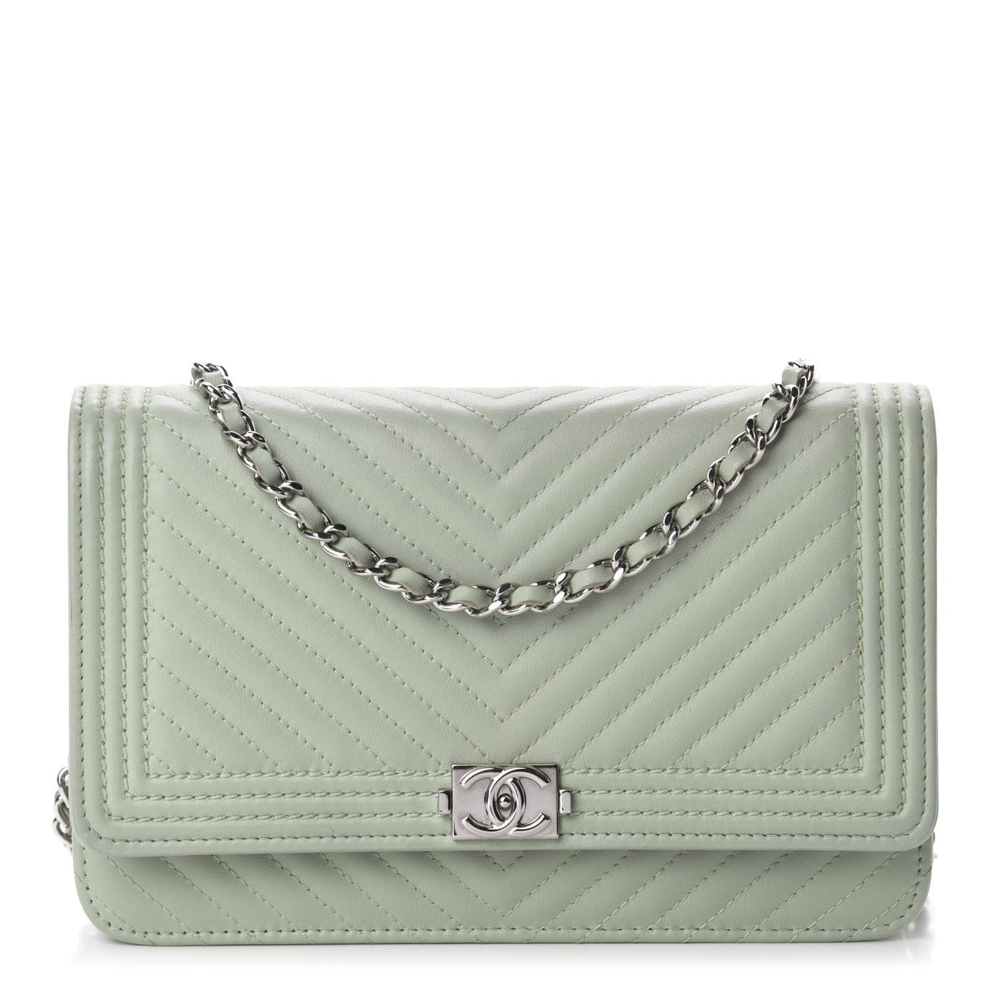 Lambskin Chevron Quilted Boy Wallet On Chain WOC Light Green