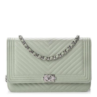 Chanel Lambskin Chevron Quilted Boy Wallet On Chain WOC Light Green 1 of 11