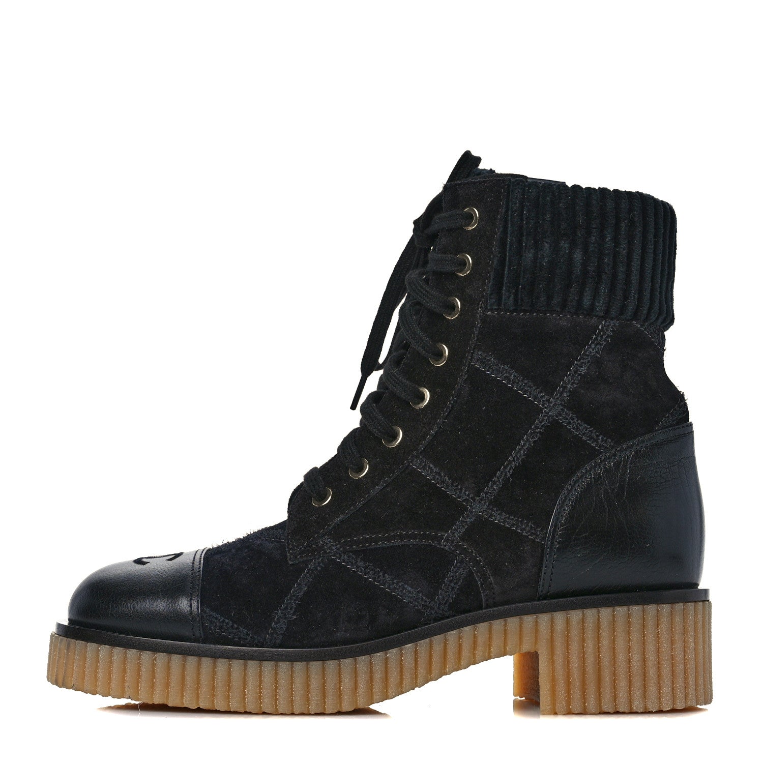 Chanel Suede Calfskin Velvet Quilted CC Combat Boots 38.5 Black 1 of 7