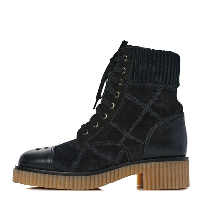 Chanel Suede Calfskin Velvet Quilted CC Combat Boots 38.5 Black 1 of 7