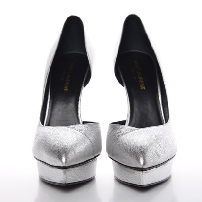 Saint Laurent Metallic Grained Calfskin Janis 105 D'Orsay Pumps 38.5 Argento 2 of 16