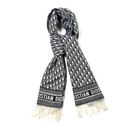 Christian Dior Cashmere Oblique Fringed Scarf Blue 1 of 3