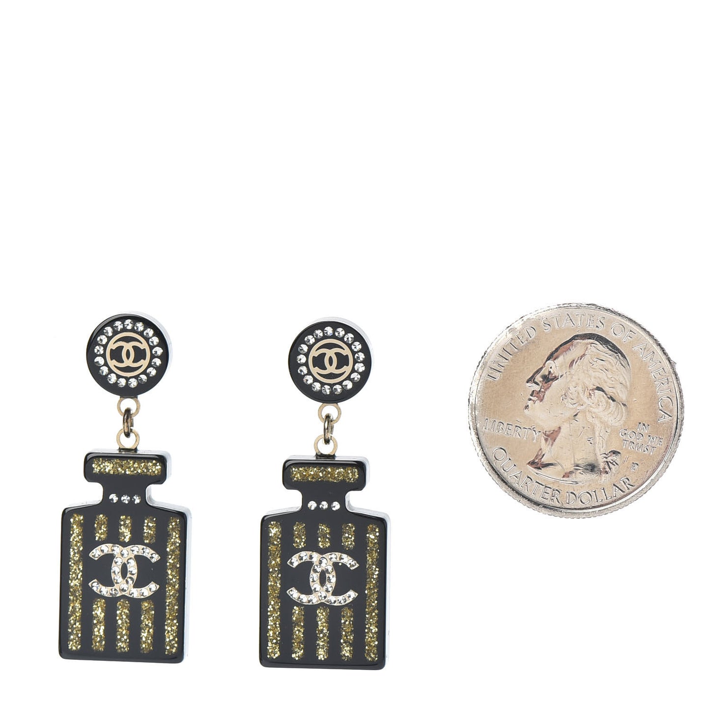 Resin Strass Perfume Bottle CC Earrings Black Gold