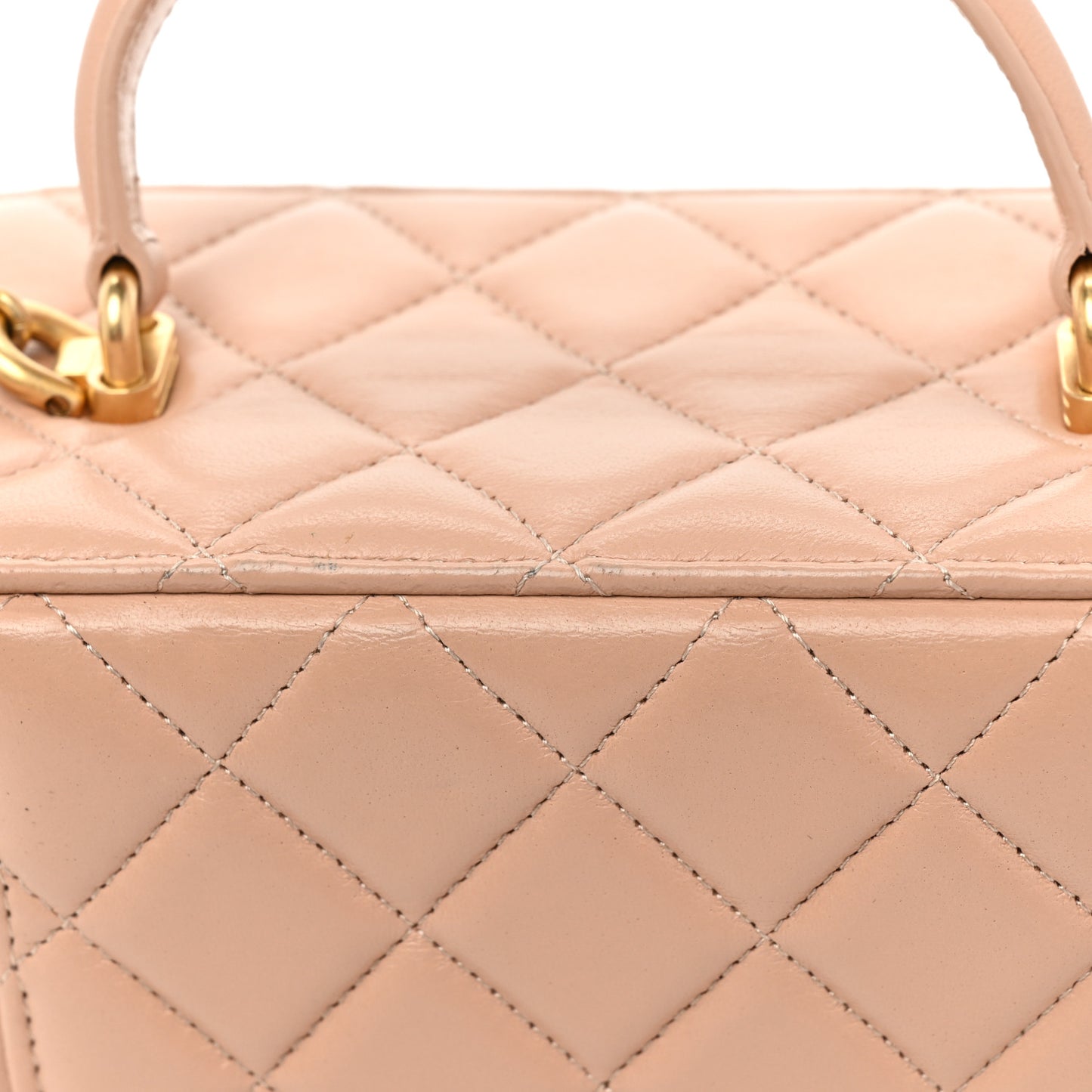 Lambskin Quilted Small Top Handle Vanity Case With Chain Beige