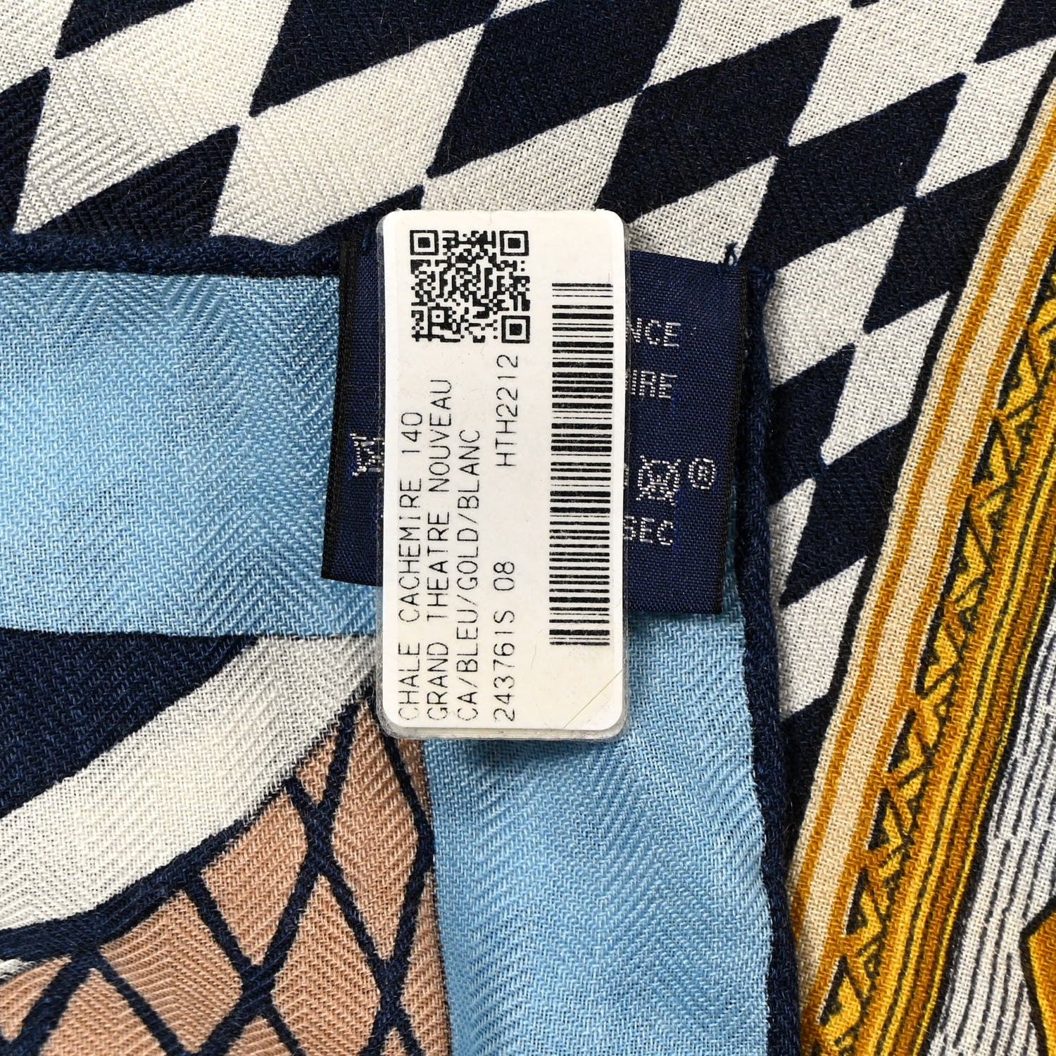 Hermes Cashmere Silk Grand Theatre Nouveau Shawl 140 Bleu Gold White 4 of 5