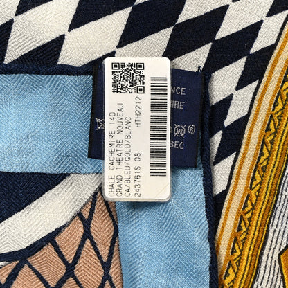 Hermes Cashmere Silk Grand Theatre Nouveau Shawl 140 Bleu Gold White 4 of 5