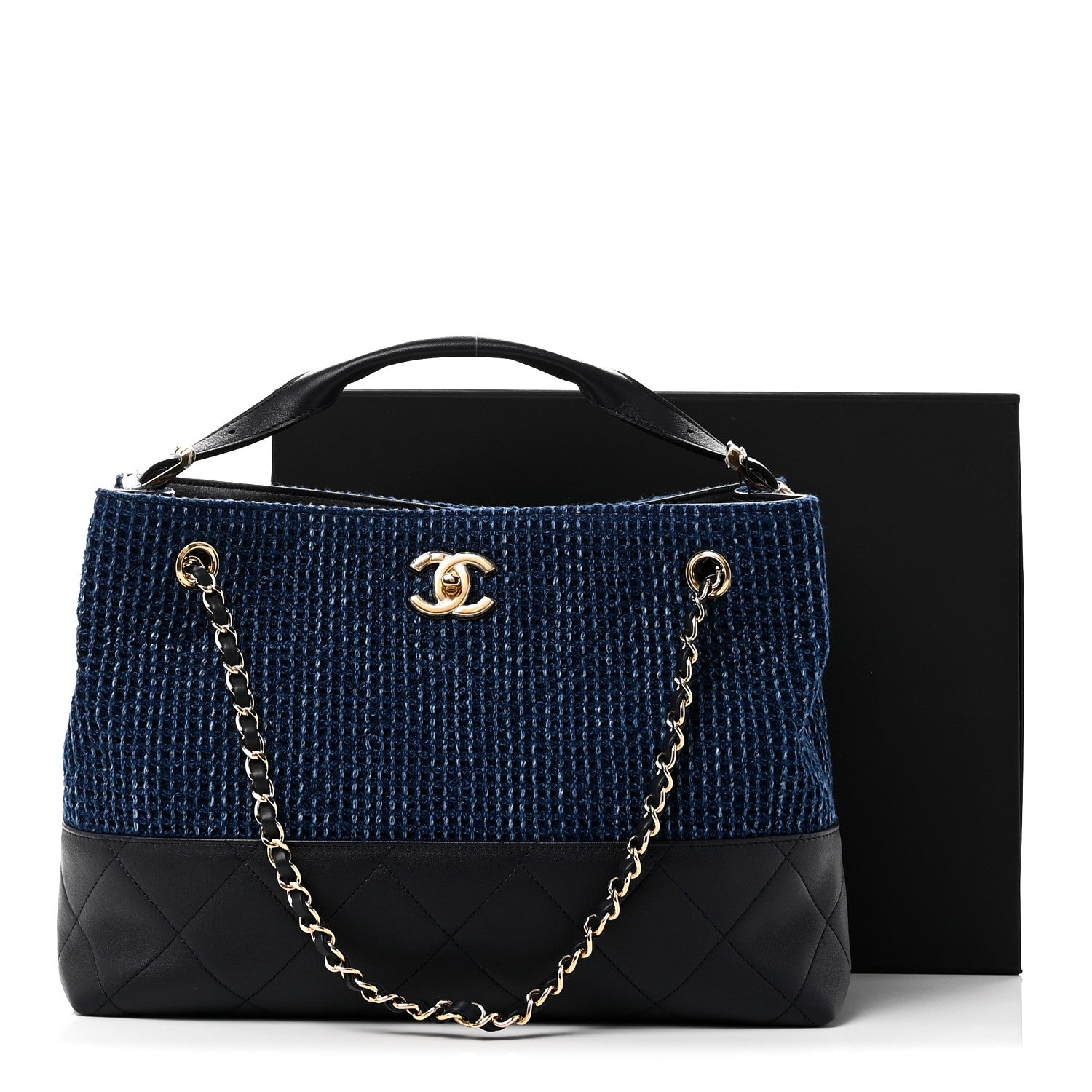 Chanel Tweed Shiny Lambskin Quilted Coco Base Small Shopping Bag Dark Blue 11 of 11