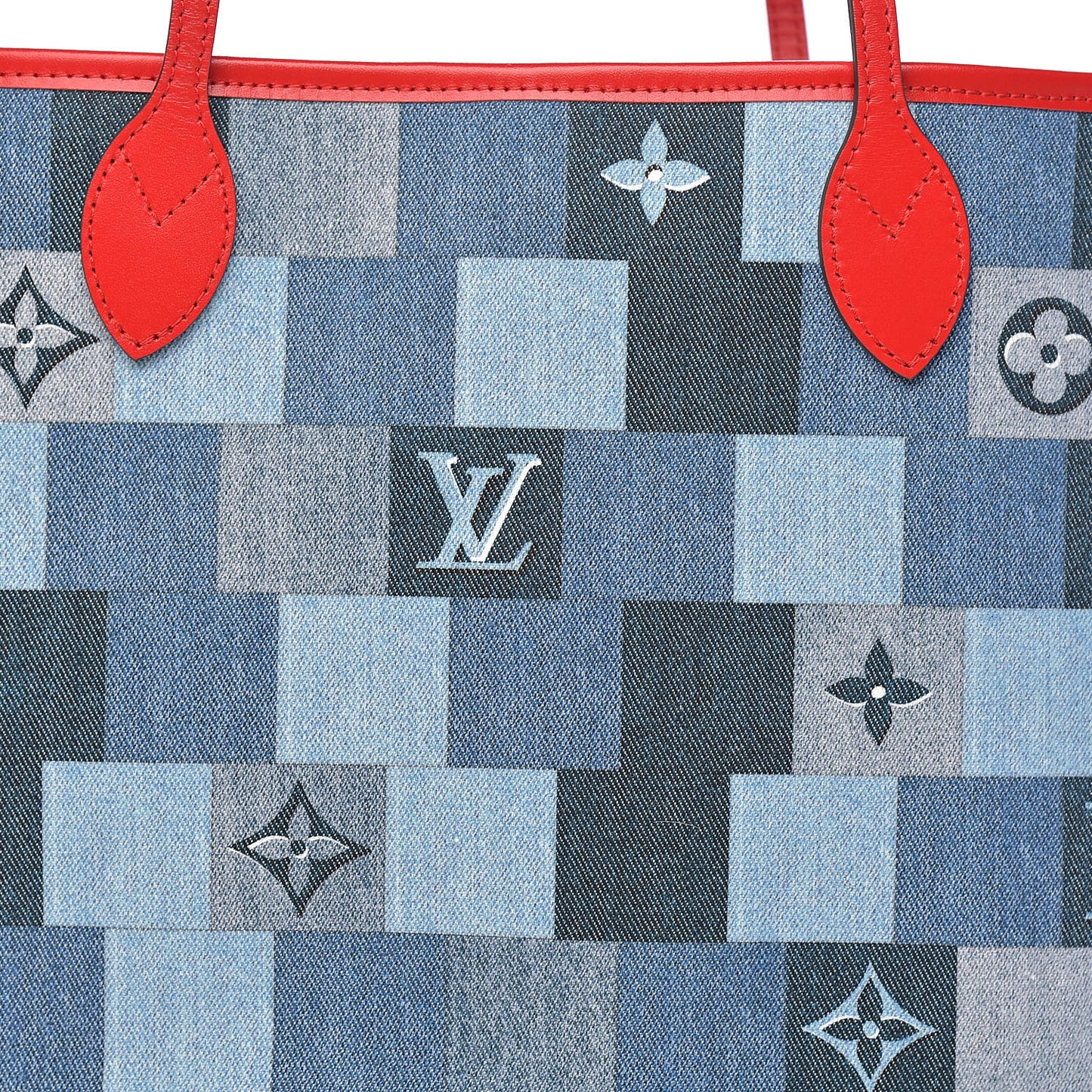 Denim Damier Monogram Patchwork Neverfull Blue Rouge