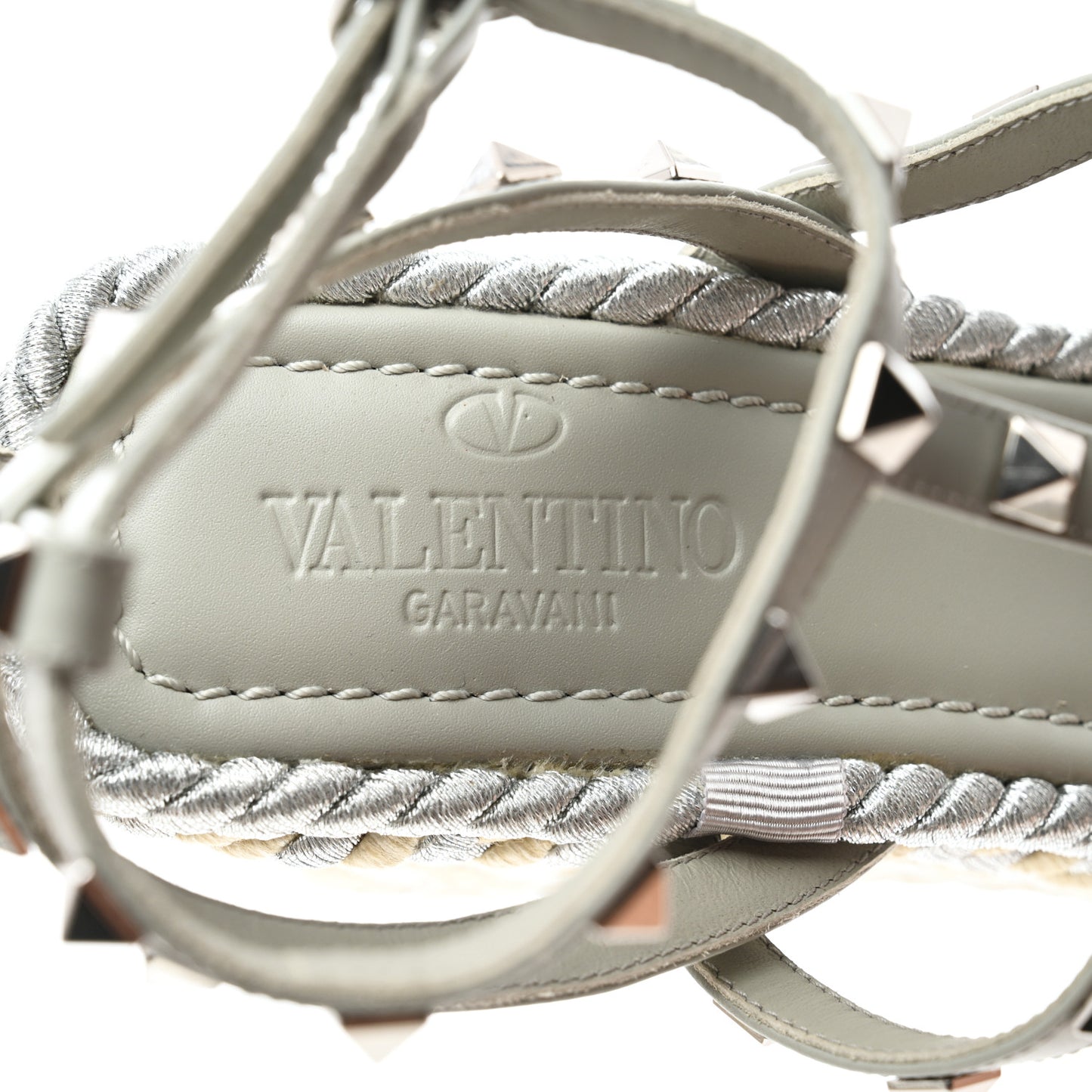 Calfskin Rockstud Ankle Strap Torchon Espadrille Caged 25/95mm Wedge Sandals 38 Opal Grey Argento Champagne