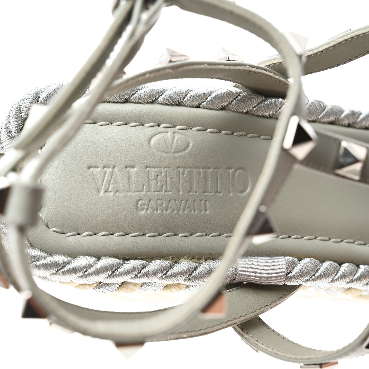 Valentino Garavani Calfskin Rockstud Ankle Strap Torchon Espadrille Caged 25/95mm Wedge Sandals 38 Opal Grey Argento Champagne 7 of 8
