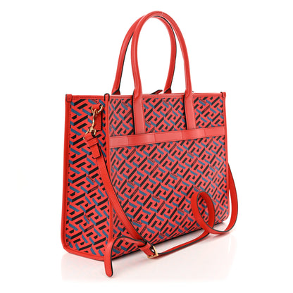 Versace Coated Canvas Calfskin La Greca Signature Tote Bag Blue Red 3 of 9